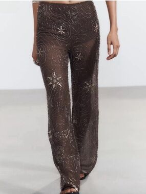 ZARA Brown Sheer Mesh Sequin Beaded Pants NWT